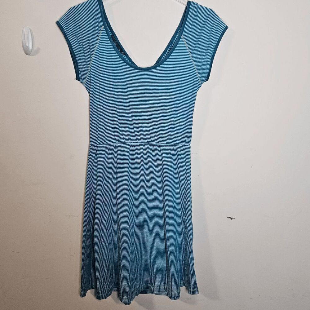 PrAna Faith Dress Stripe V Neck Cap Sleeve Wrap on Back Women's Blue Size Small